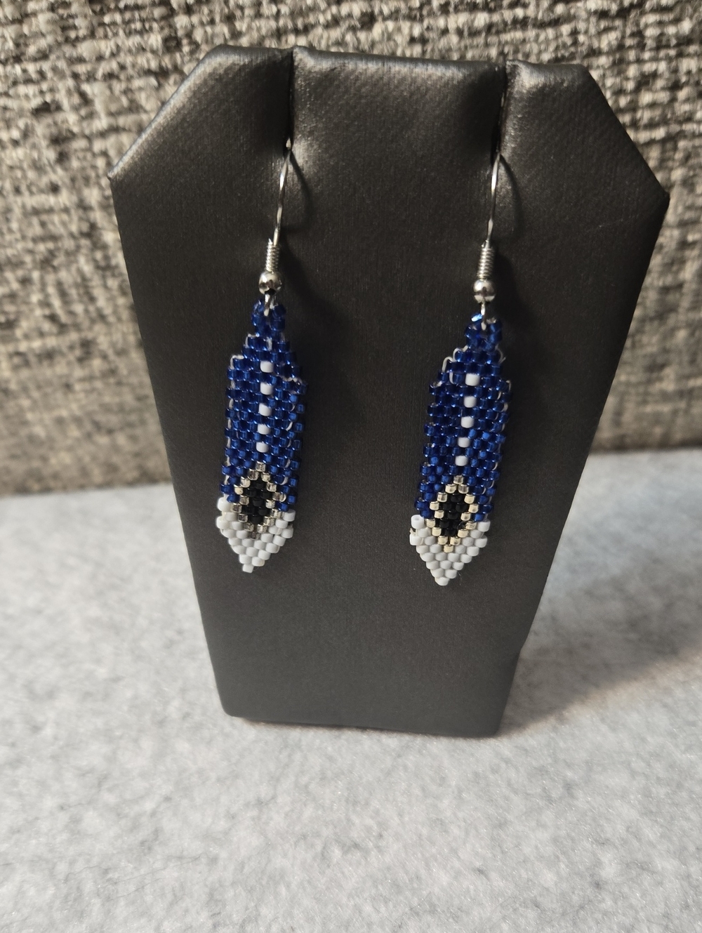 Blue and White Seed Bead Dangle Earrings with Accent